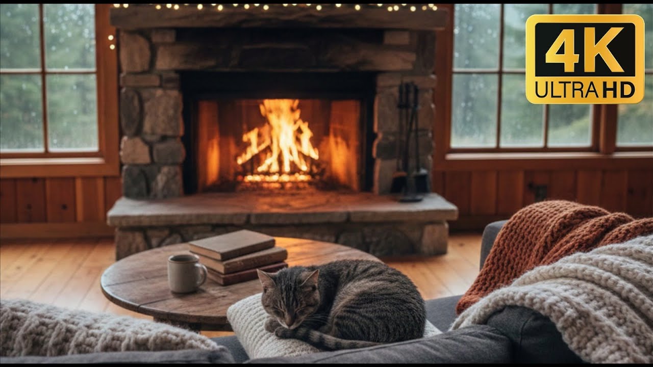 Cozy Fireplace Ambience | 4K  ( 6 hours ) | Perfect sounds for studying and stress relief