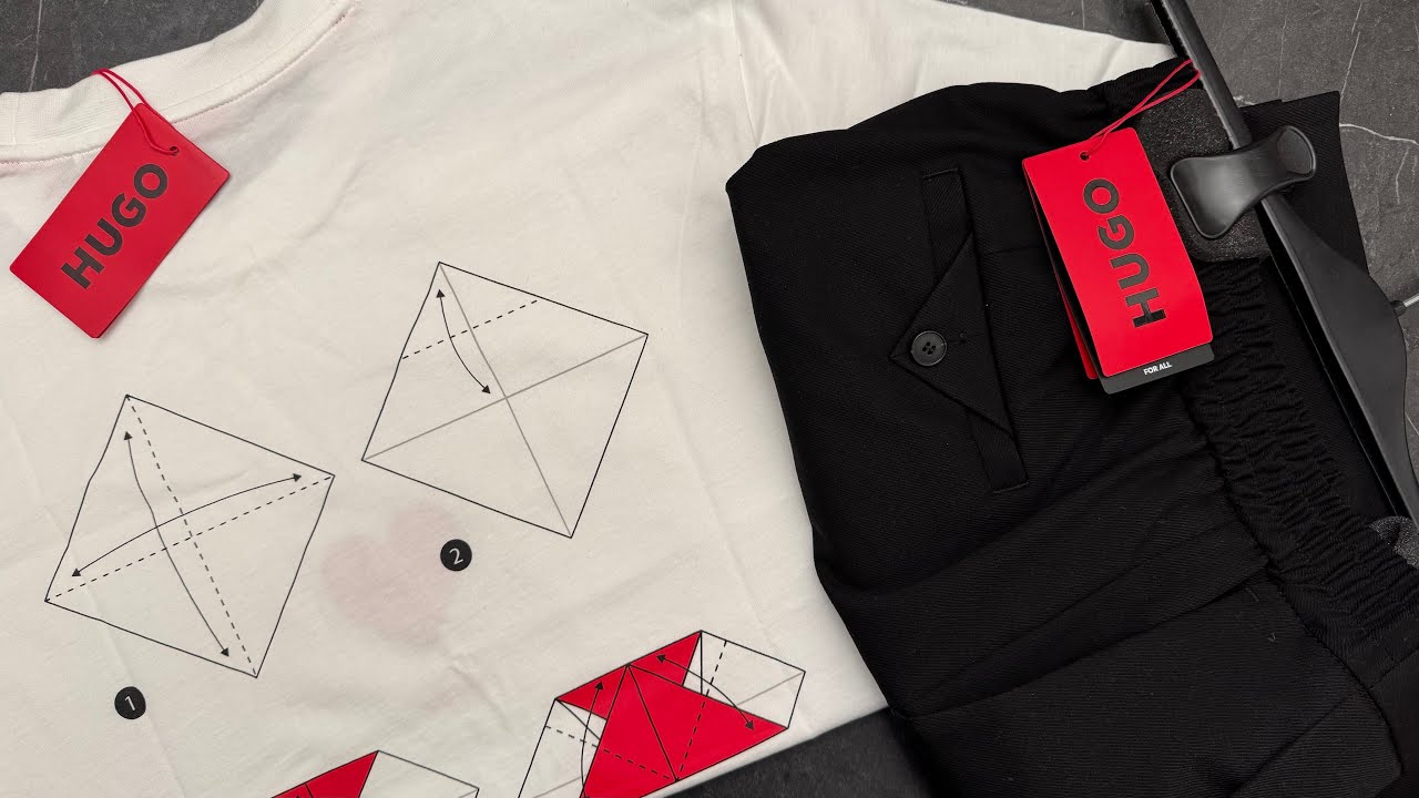 Hugo T-shirt with origami-heart print and shorts with buttoned pockets