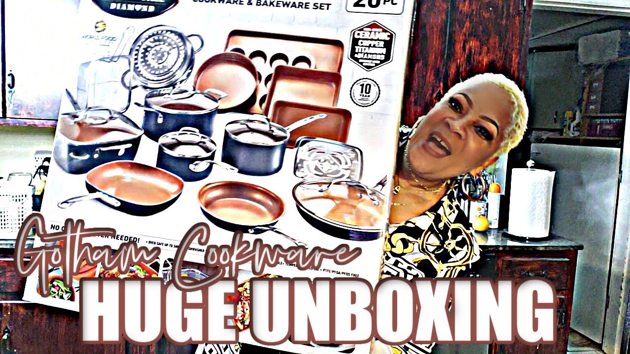 Gotham Steel 20 Piece Cookware + Bakeware Set with Nonstick Durable Ceramic Copper Coating Unboxing