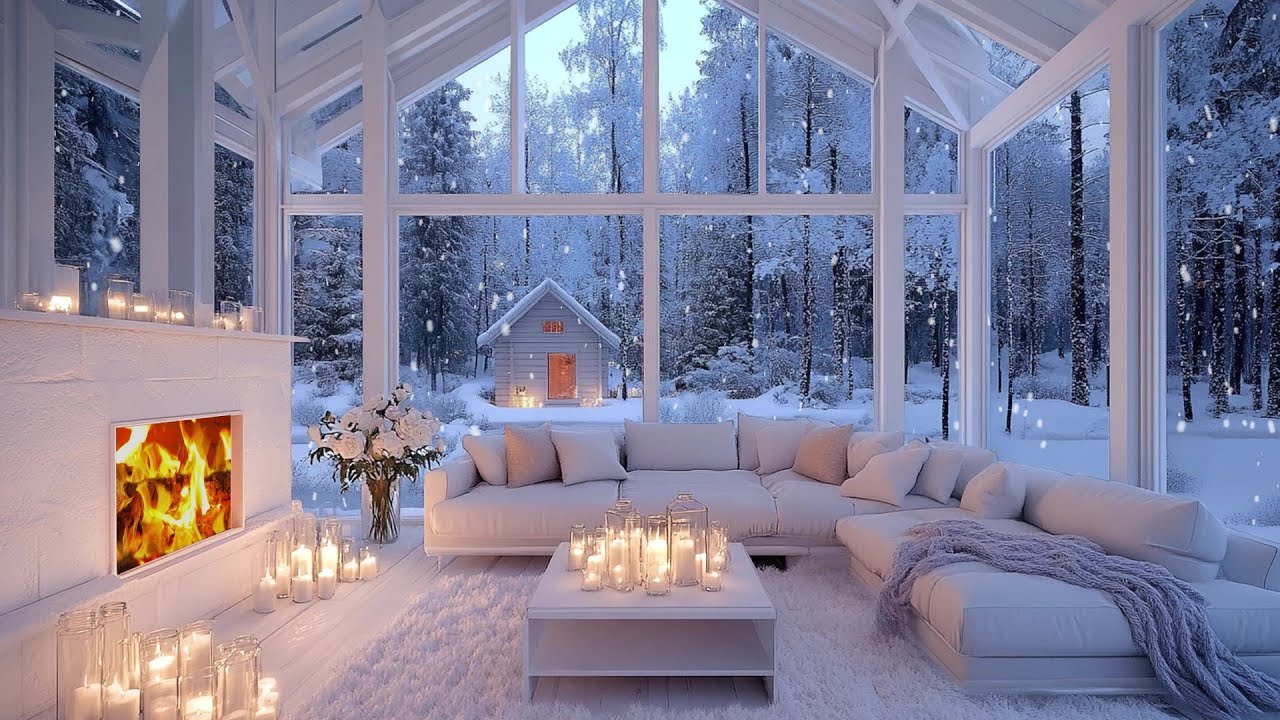 ❄️🔥 Winter Piano Lounge Music | Snowfall Window, Warm Fire & Flowers | Calm Sleep Study