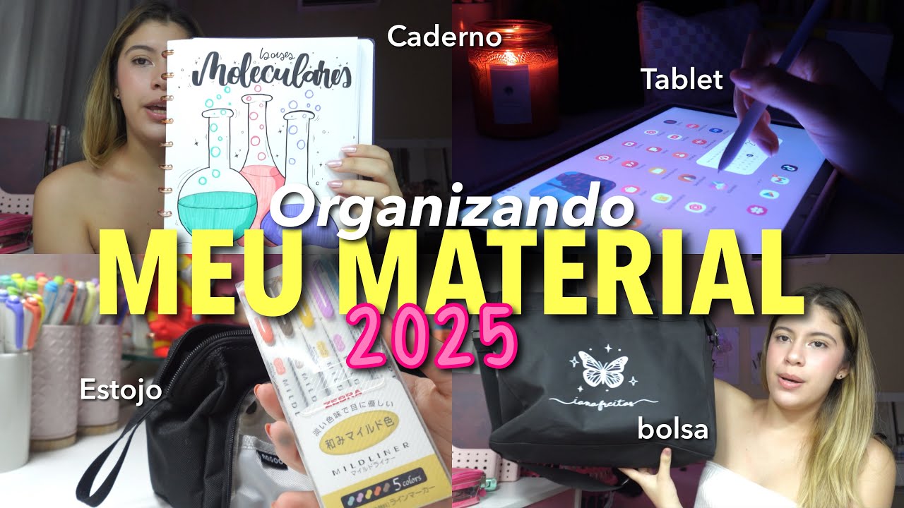 organizando meu material 2025 ( estojo , caderno , tablet , bolsa) 📚