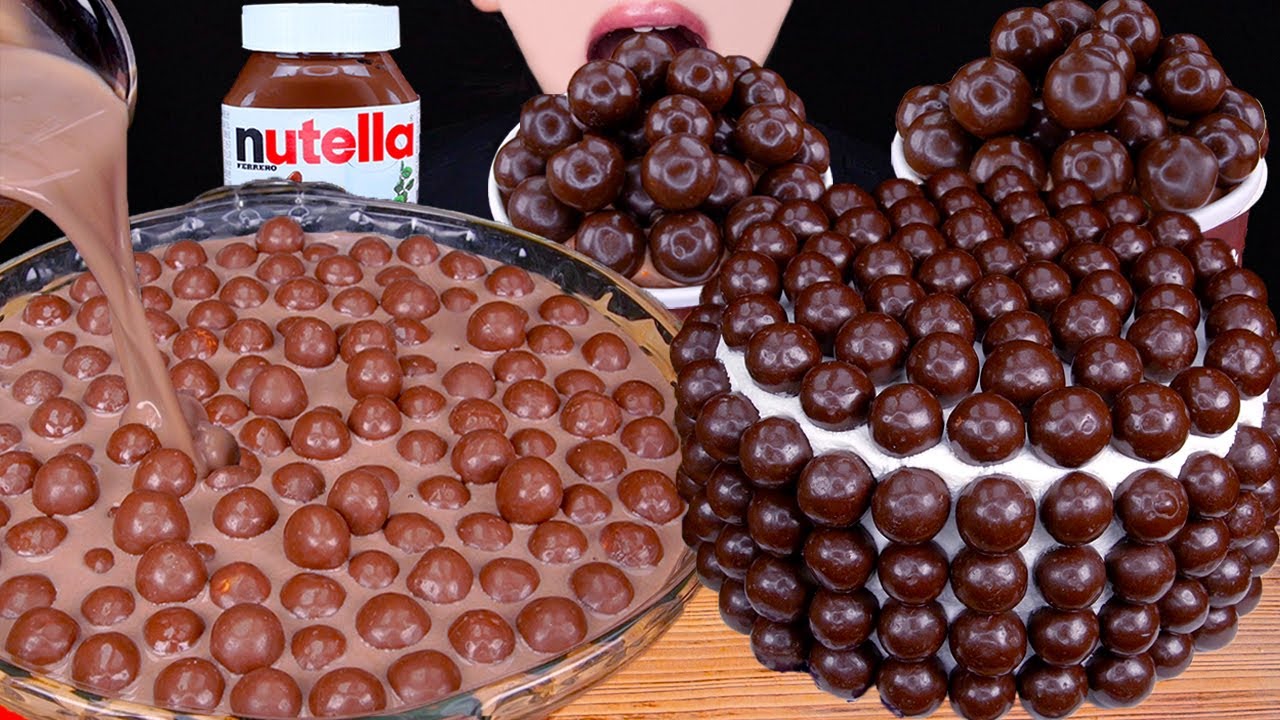 ASMR DARK MALTESERS MAGNUM CHOCOLATE ICE CREAM NUTELLA M&MS TWIX DESSERT MUKBANG몰티져스 먹방EATING SOUNDS