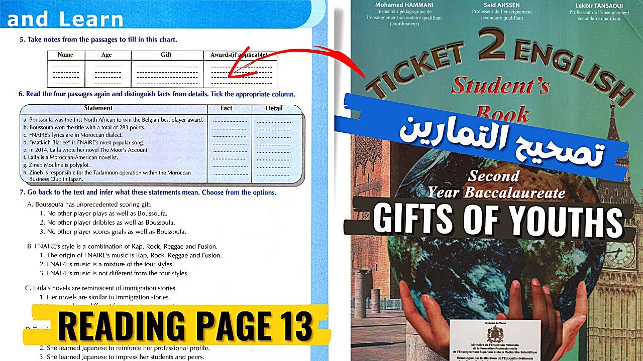 reading ticket 2 english page 13 | gifts of youth | تصحيح التمارين مع الشرح بالعربية 📚