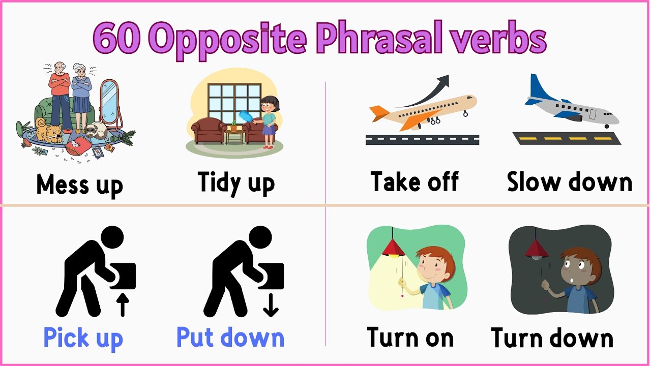 Lesson 104:  List of 60 Opposite Phrasal Verbs  | Pictionary