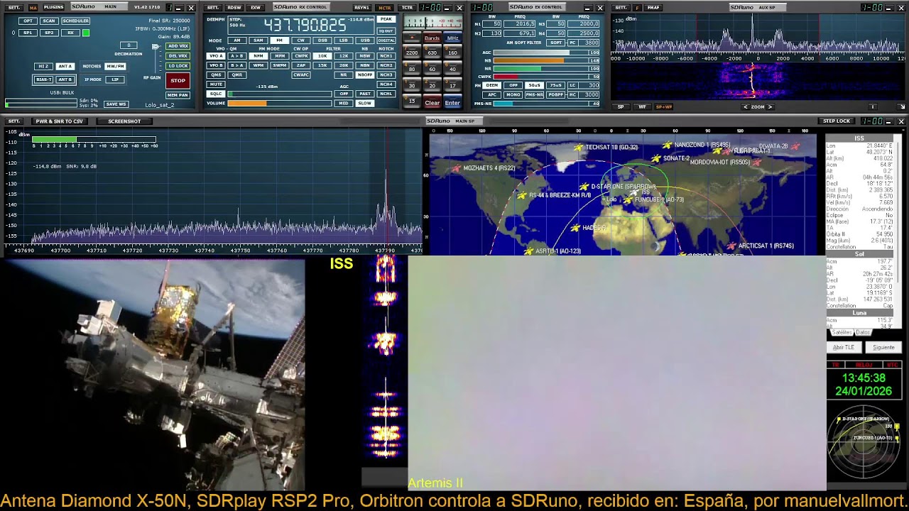 ARISS ISS QSO radioaficionados, 437.800 MHz, Directo, recibira en España el 24/01/2026 a 13:36 UTC.