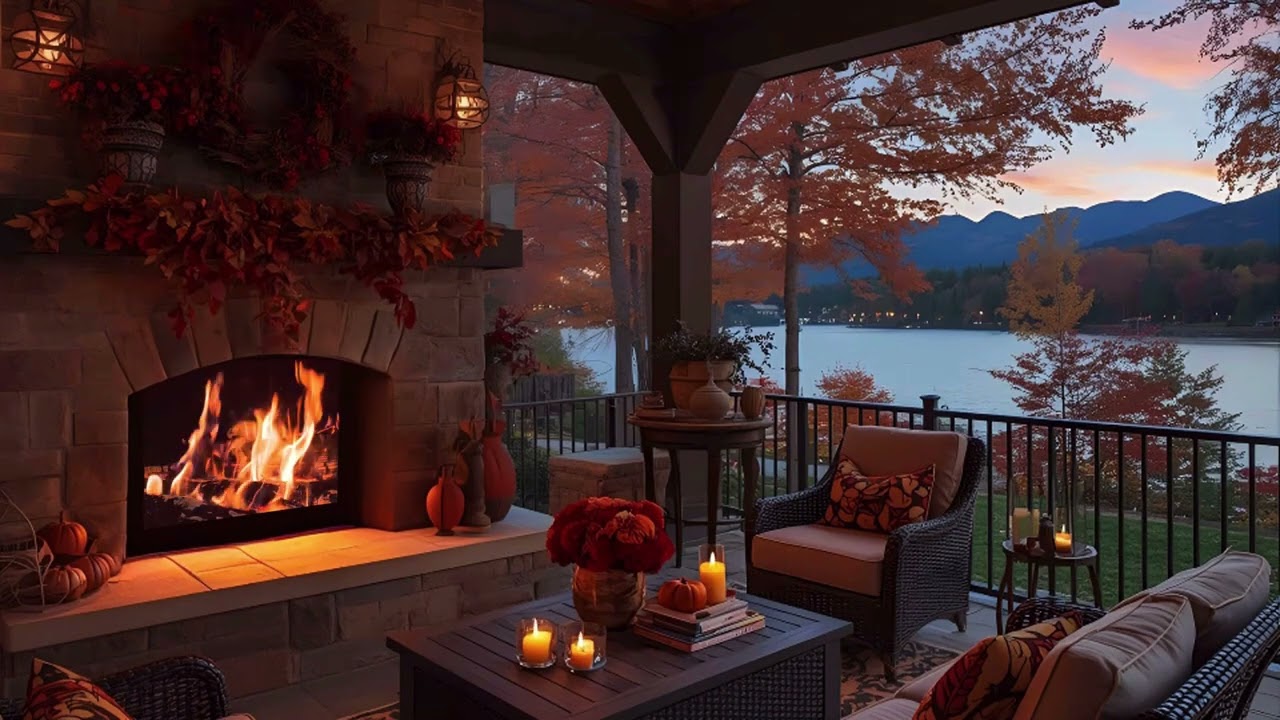 Peaceful Lakeside Evening Candlelight - Fireplace & Serene Mountain Reflections (No Music)