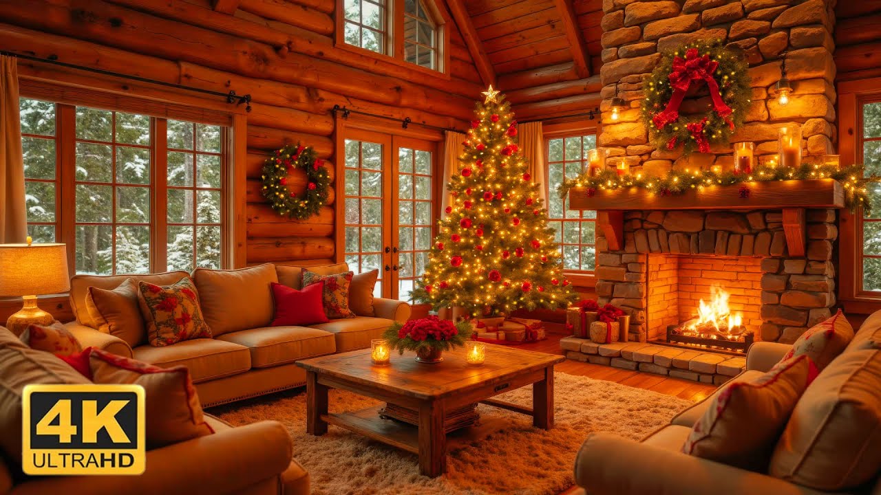 Warm Christmas Cabin Atmosphere 🎄🔥 Cozy Fireplace & Relaxing Holiday Music for Peaceful Evenings