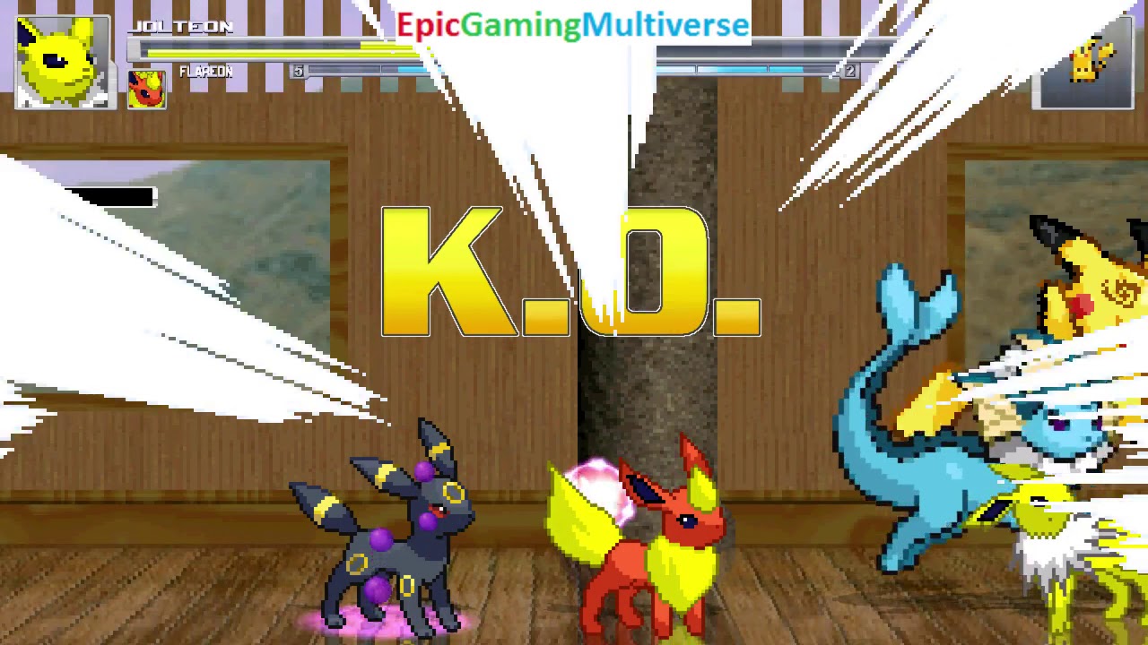Pikachu VS Eevee Evolutions (Jolteon, Flareon, Vaporeon, And Umbreon) In A MUGEN Match / Battle