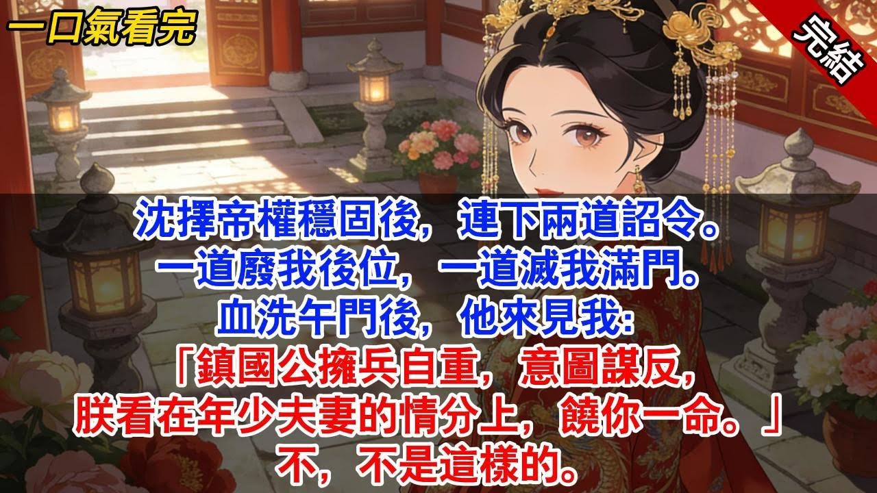 沈擇帝權穩固後，連下兩道詔令。一道廢我後位，一道滅我滿門。血洗午門後，他來見我：「鎮國公擁兵自重，意圖謀反，朕看在年少夫妻的情分上，饒你一命。」#古風#追妻火葬場#愛情#小說