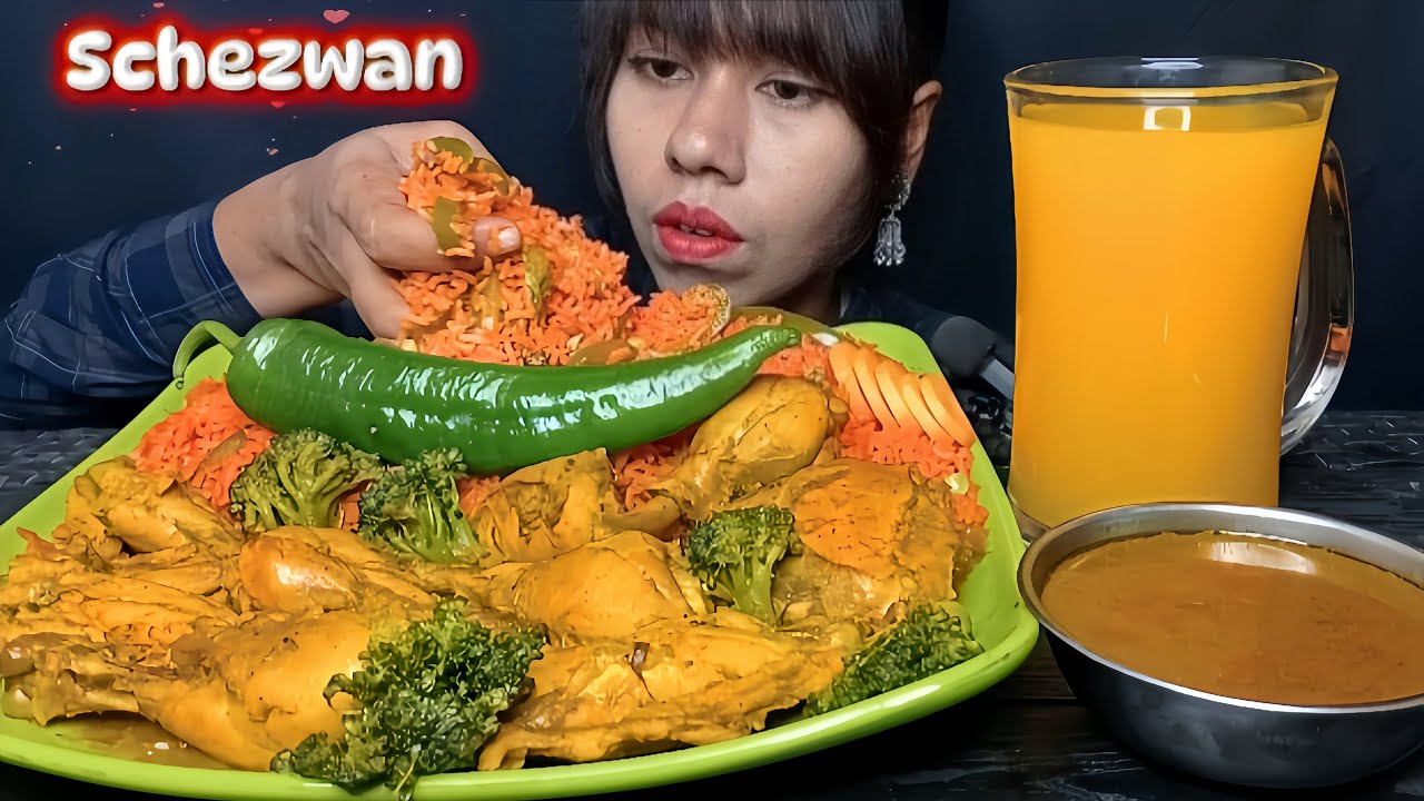 ASMR eating chicken curry with schezwan rice । Spicy chicken curry, schezwan rice । Mukbang eating 