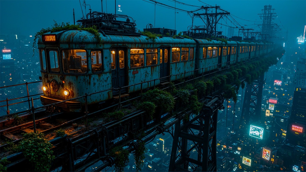 Cyberpunk Sky Rail 🚆 | Abandoned Futuristic Train Above a Neon Megacity | Rainy Sci-Fi Ambience | 4K