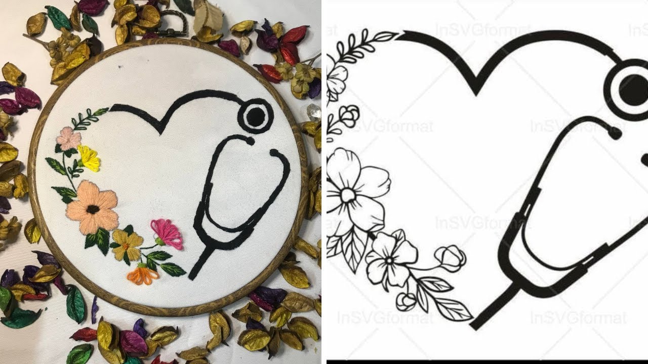 Floral embroidery in the shape of a headset doctor , تطريز زهري على شكل سماعة طبيب