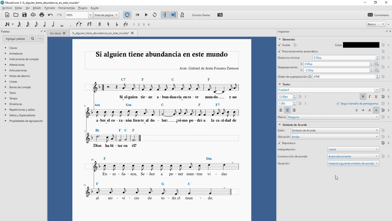 Reproducción de cifrado y cambio de sonido en Musescore 3