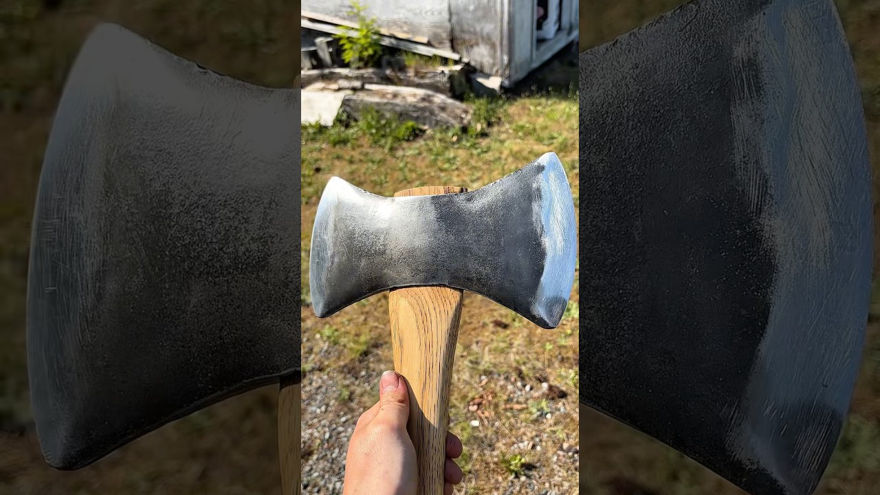 Vintage double gets a new hang 🍀 #axes #doublebit #vintageaxe #axerestoration