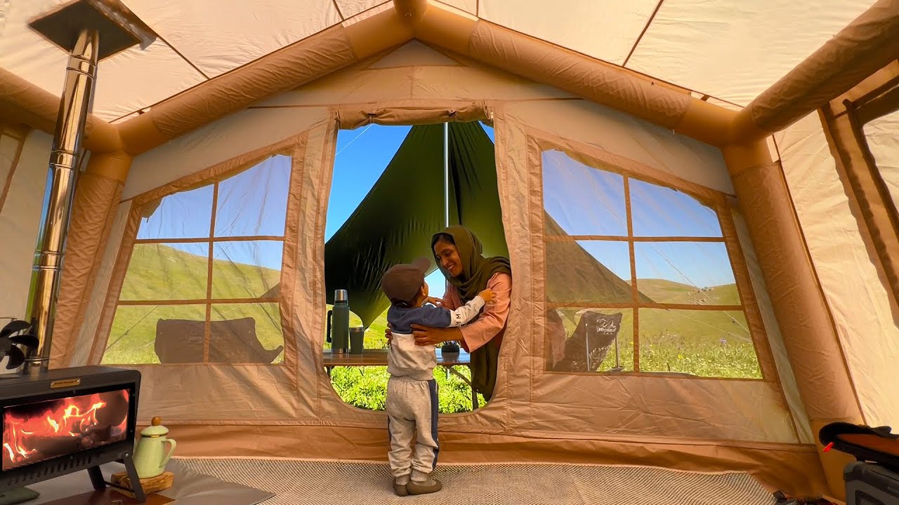 با چادر بادی رفتیم کمپ 🏕   CAMP IN THE BEAUTIFUL NATURE OF THE MOUNTAINS WITH LUXURY AIR TENT