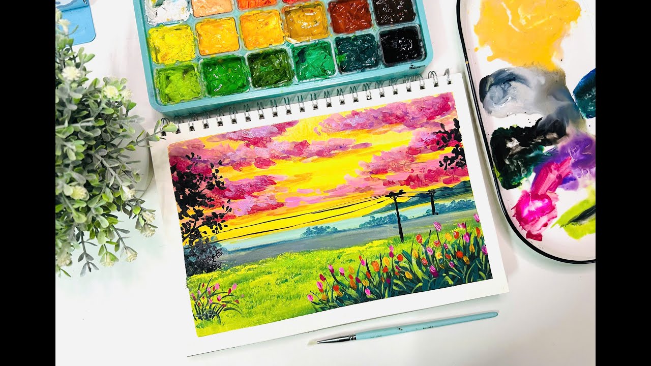 Chillout Art/Gouache painting /How to paint Landscape painting with gouache for beginners P22
