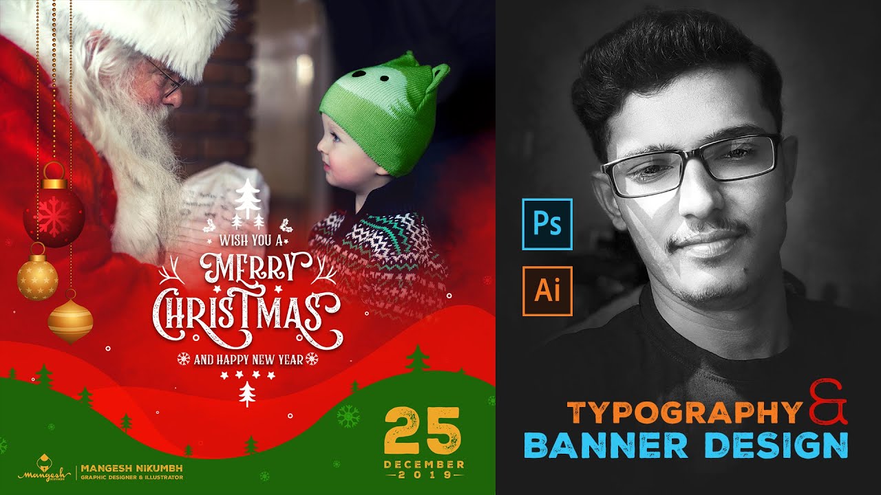 Merry Christmas Banner Design & Typography in Adobe Photoshop & Illustrator CC 2020