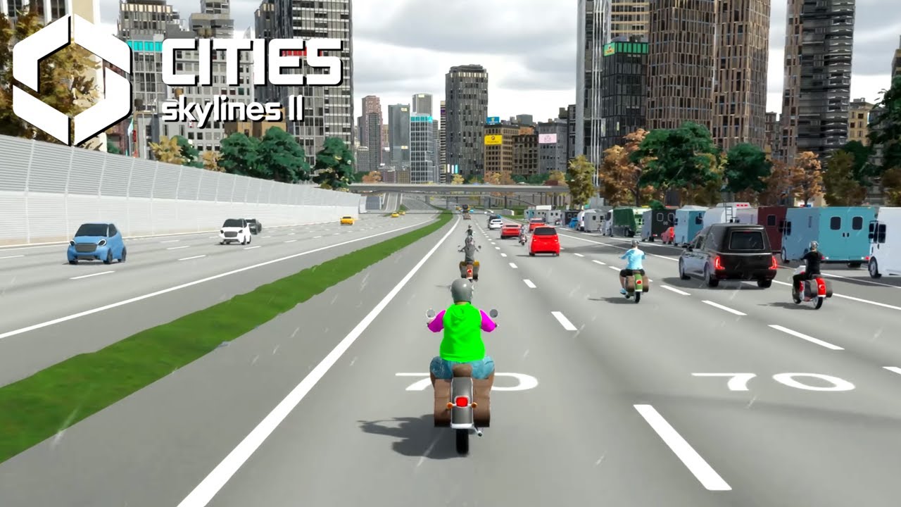 3rd Person Motorcycle Ride into Downtown | Cities Skylines 2