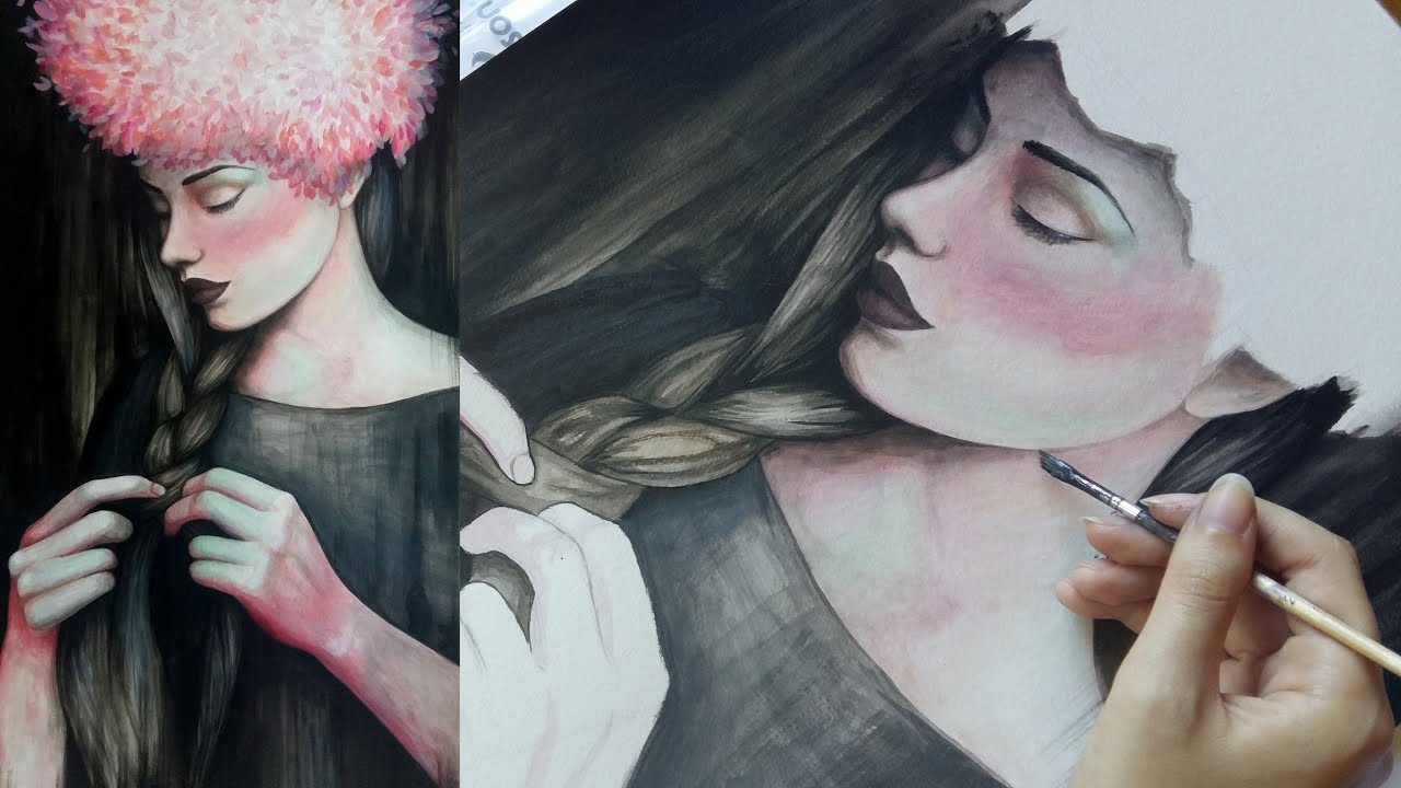 Acrylic painting process - Girl braiding her hair