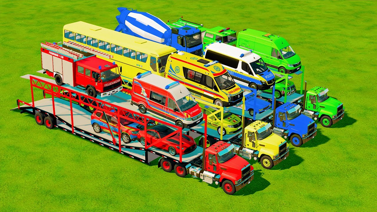 TRANSPORTING POLICE CARS, AMBULANCE, FIRE TRUCK, COLORFUL CARS WITH TRUCK -FARMING SIMULATOR 22!