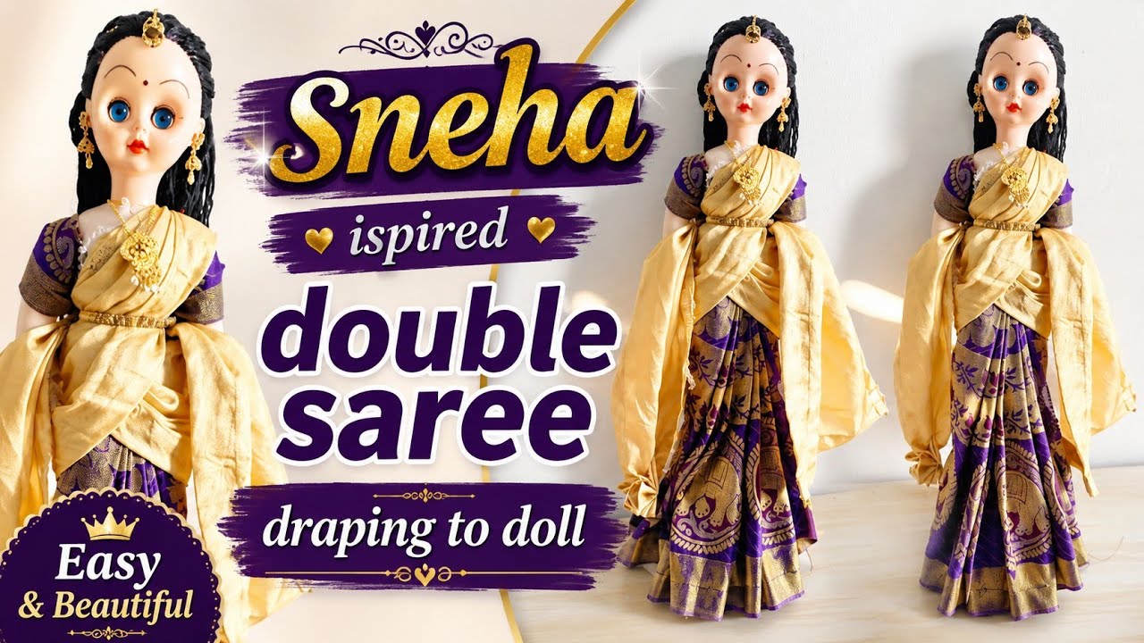 sneha inspired double saree draping to  doll |South Indian barbie#sareedraping#sareedrapingstyles 
