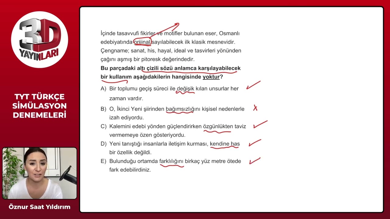 TYT 3D Türkçe Simülasyon Denemeleri - Öznur Saat Yıldırım Deneme 09 Soru Çözümleri