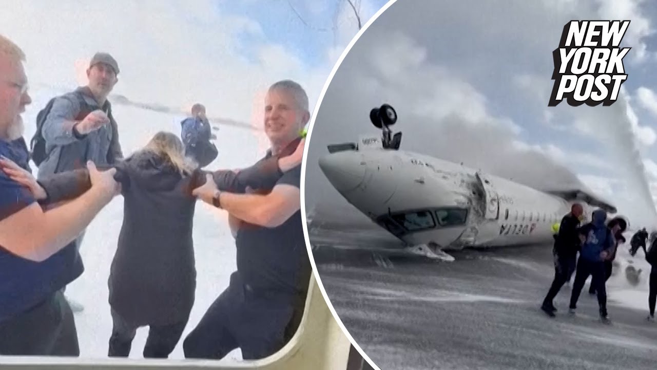 Terrifying footage shows passengers evacuate overturned plane after crash landing in Toronto