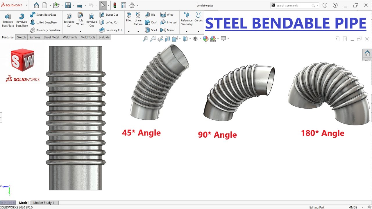✅SolidWorks Tutorial | Steel Bendable pipe design in SolidWorks