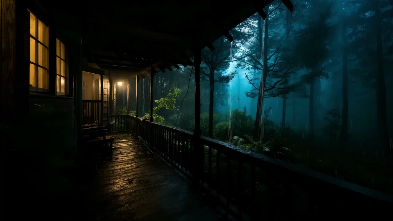 Relaxing Sound of Rain and Thunder in Forest 1 Hour / Rain Drops Falling From Forest Cabin