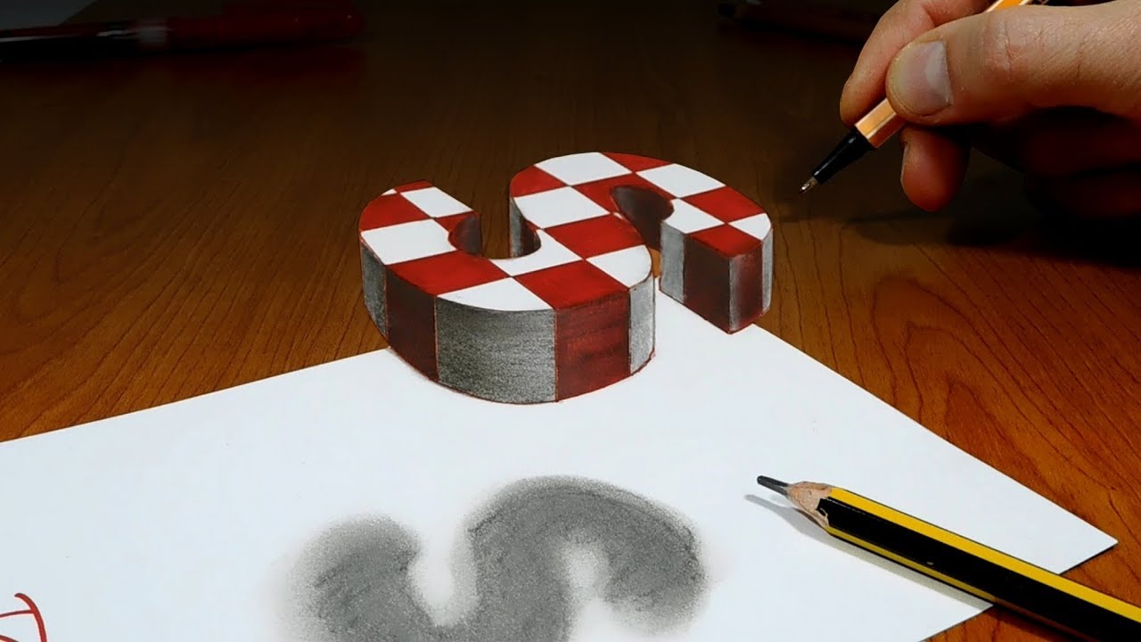 3D Trick Art on Paper, Floating chess, Letter S