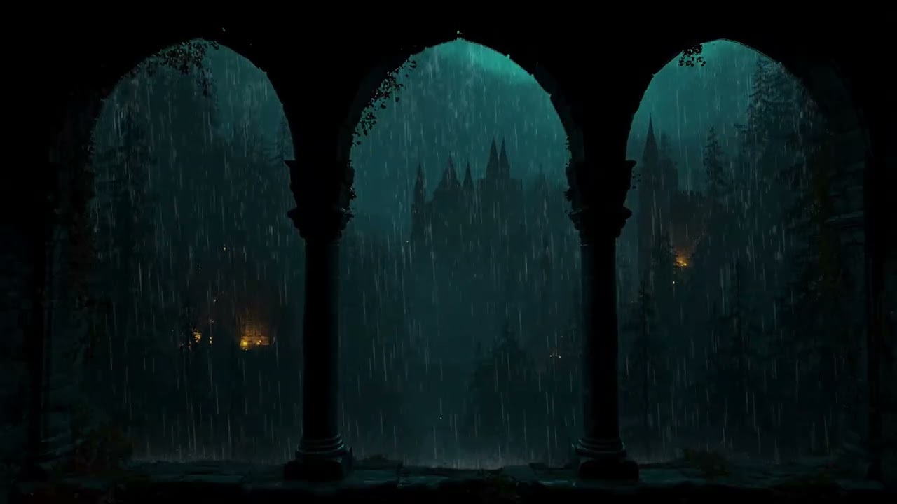 Castle Window Rain at Night 🏰 Thunderstorm Ambience for Reading & Relaxation