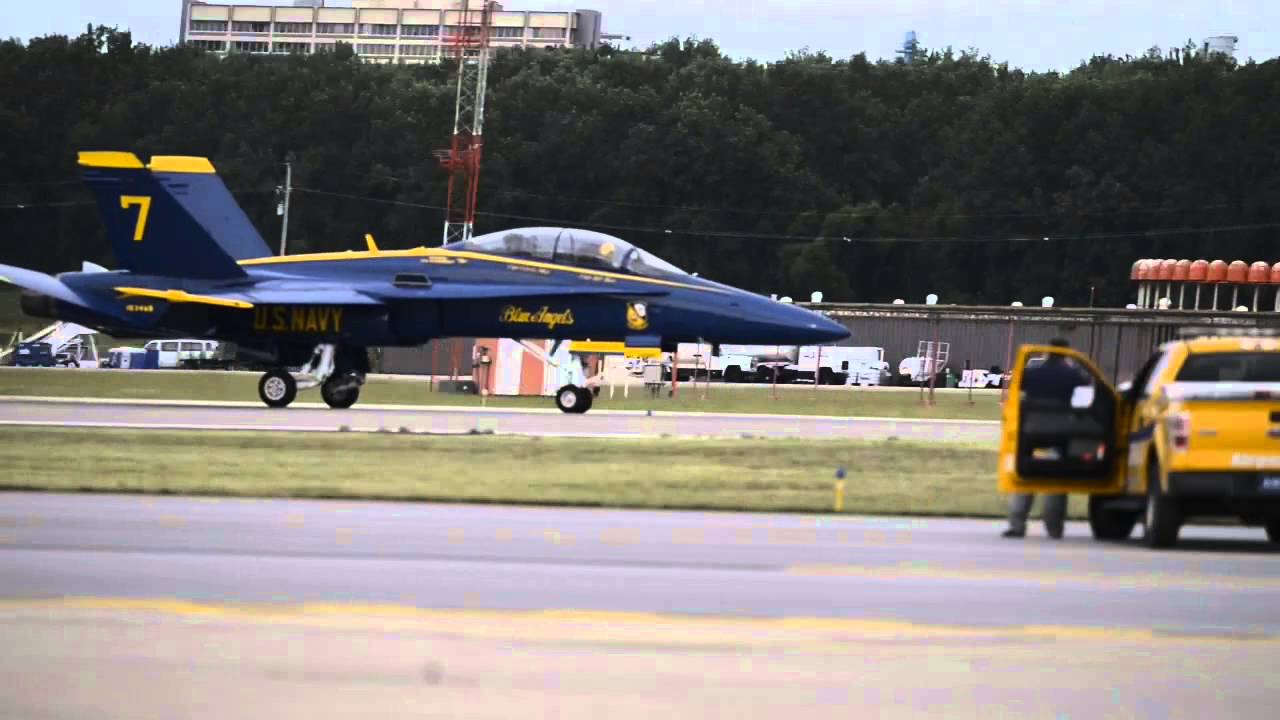 Blue Angel F/A 18 Hornet Lands At Charles B. Wheeler Downtown Airport