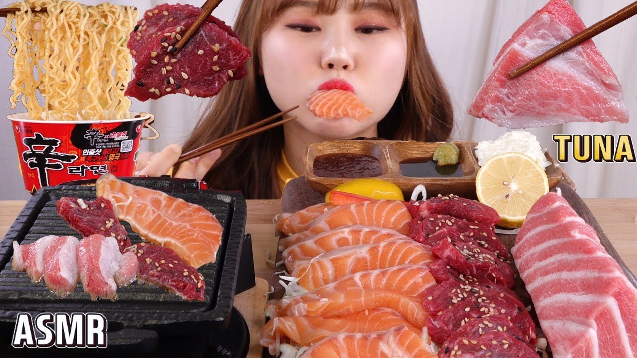 ASMR Mukbang｜싱싱한 연어와 참치뱃살, 그리고 소고기를 회로도 먹고 구워도 먹어요!