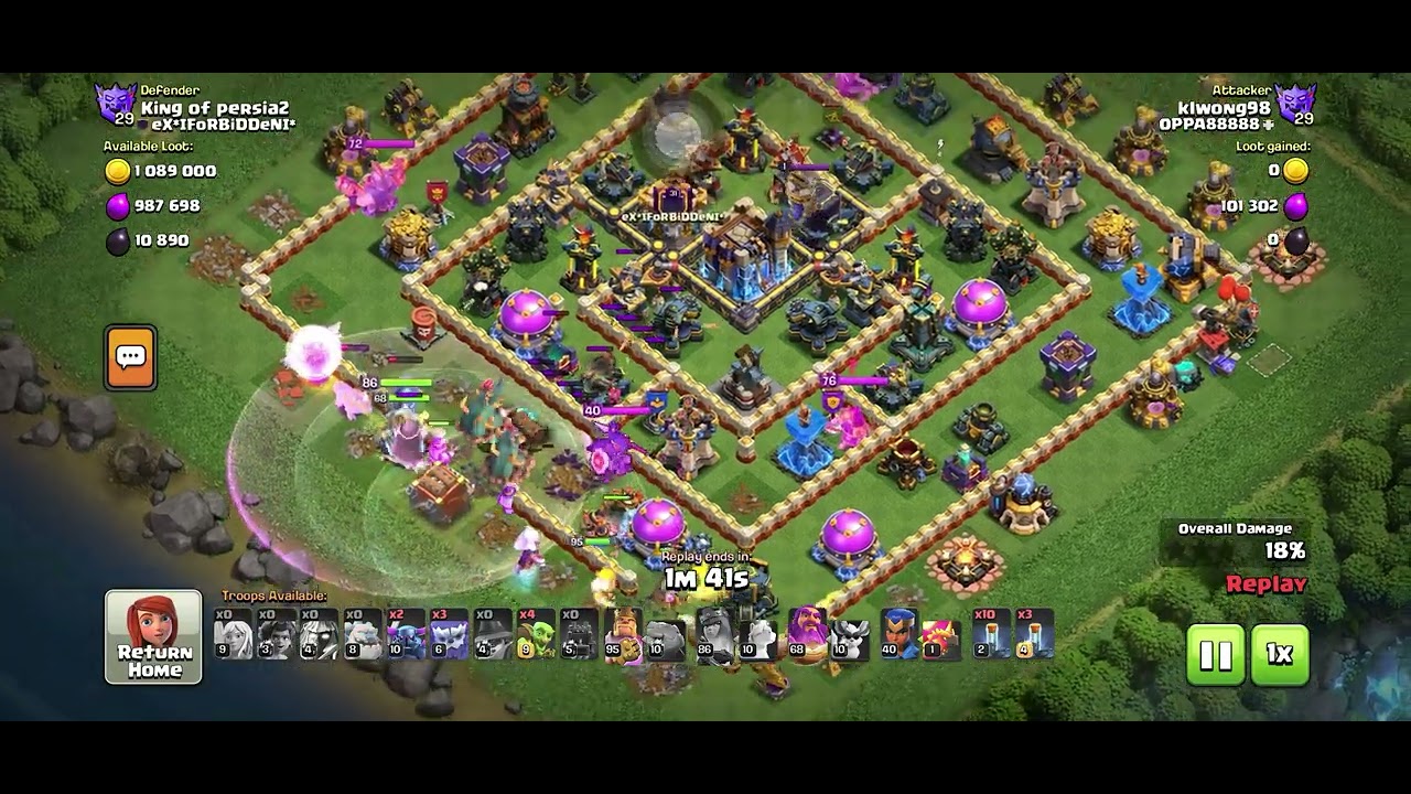 [Clash of Clans] TH17 early level troops vs mid TH18 base, totem spells still looks stronger