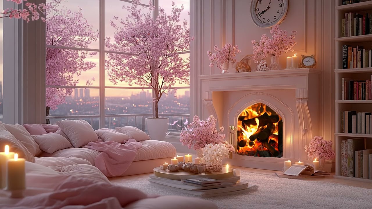 Peaceful Fireplace & Soft Piano Music | Cozy Spring Sunset Ambience for Sleep and Relaxation