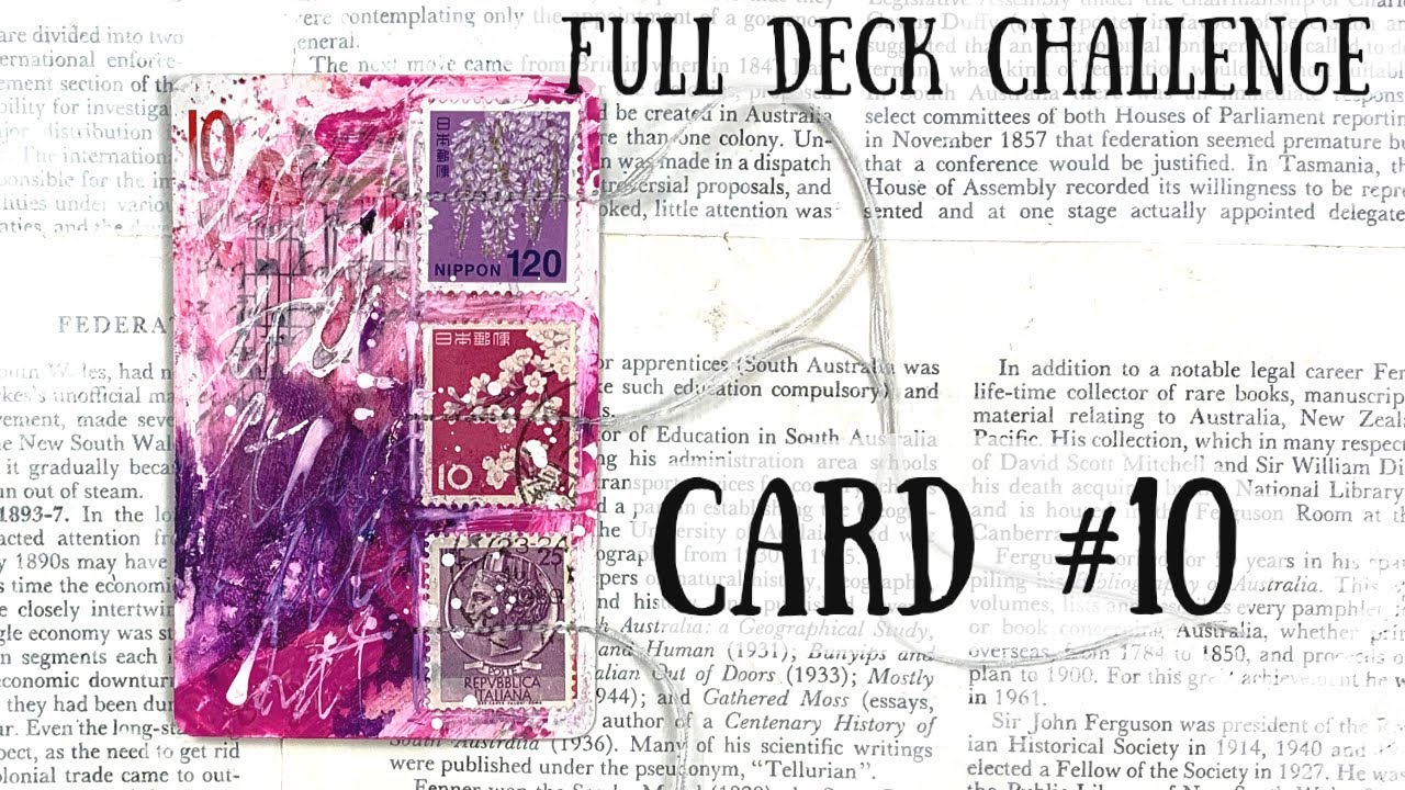 Easy altered playing card with bright colours, ATC, acrylic paints and postage stamps