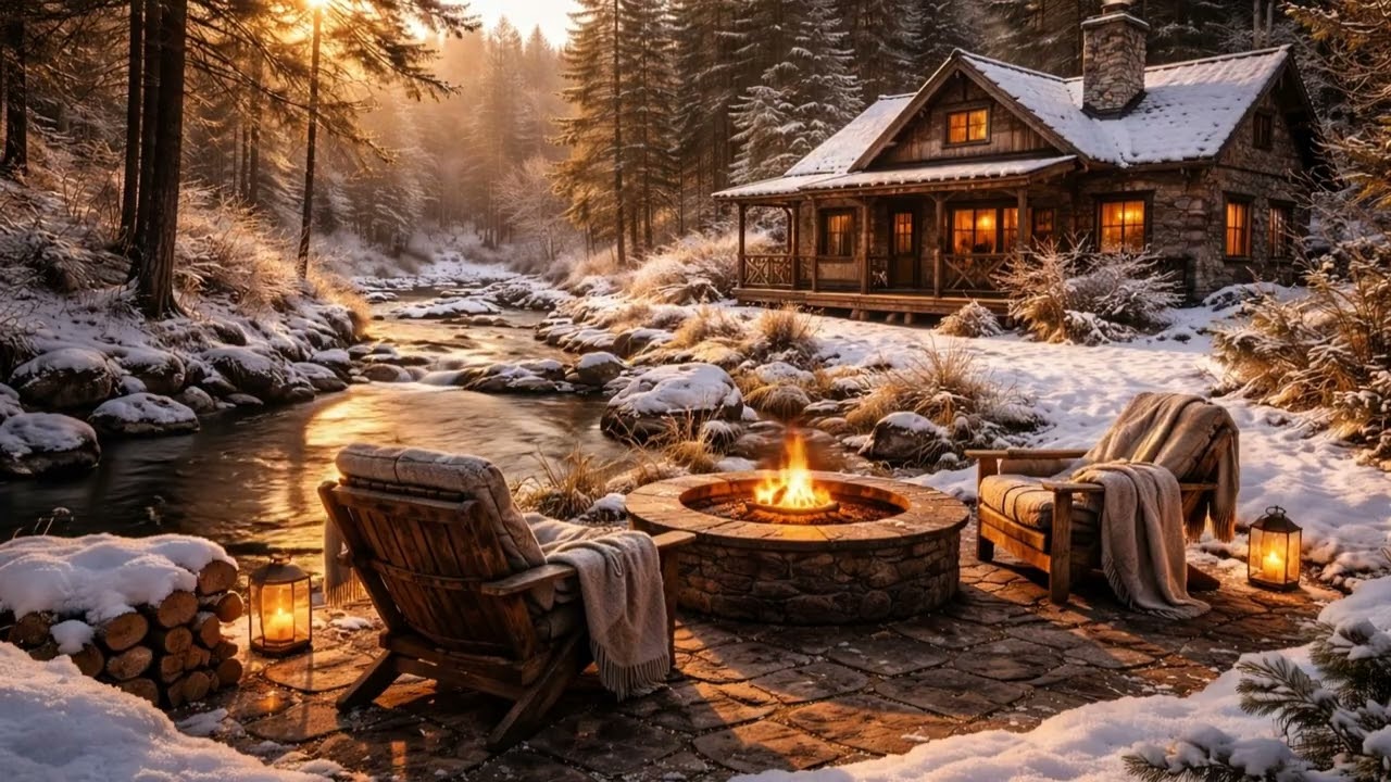 Cozy Winter Cottage by a Stream  Acoustic Relaxing Music & Gentle Water | Peaceful 4K Nature Escape
