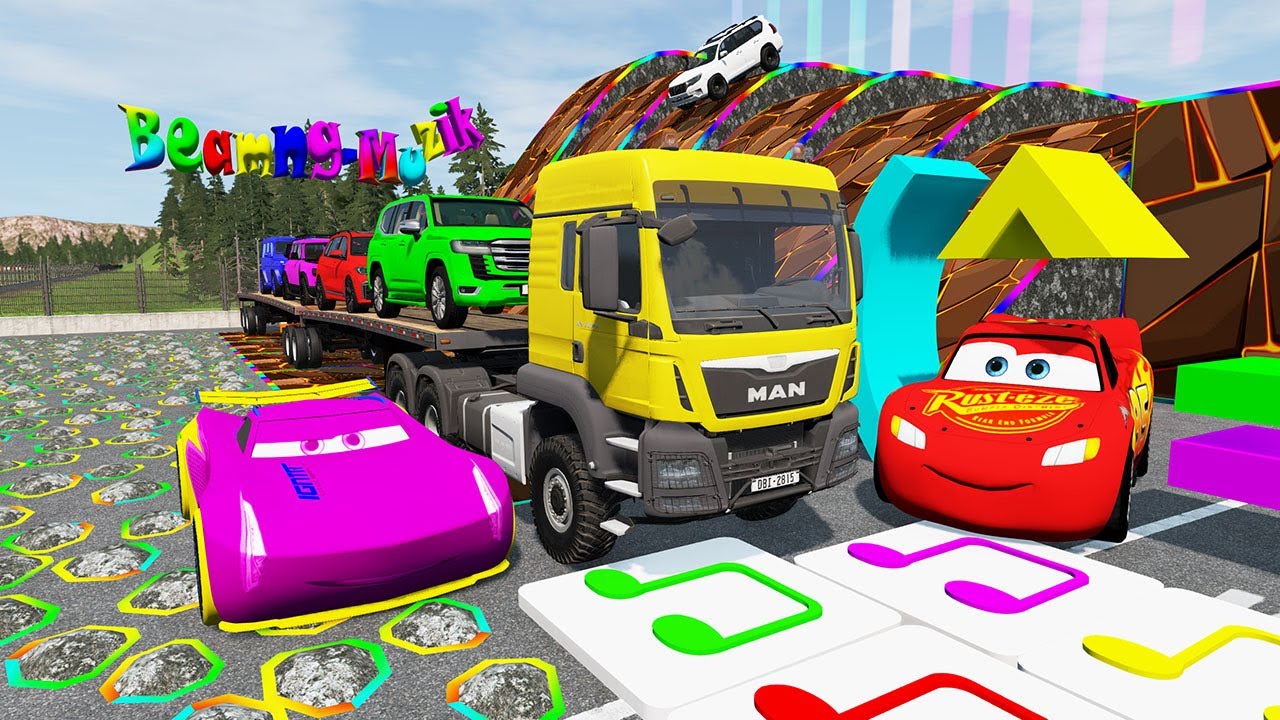 Flatbed Truck McQueen | Transportation with Truck | Musical Notes vs Car #7  BeamNG Drive Gameplay