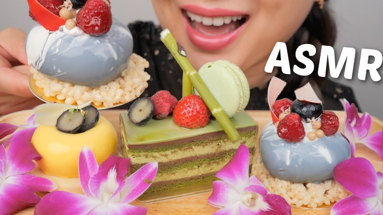 ASMR Assorted Mini Cakes *Mango Mousse, Matcha Cake and Black Sesame Mousse No Talking Eating Sounds