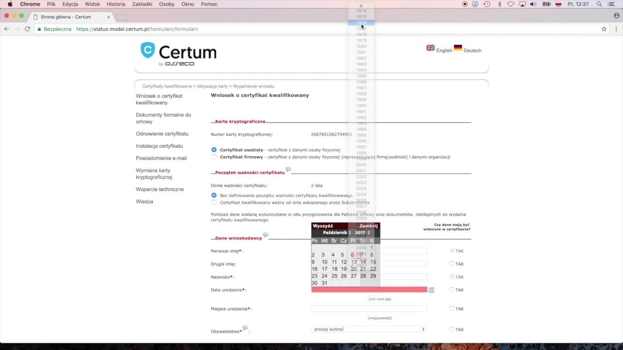 ePodpis Certum Aktywacja - wypełnienie wniosku o wydanie certyfikatu kwalifikowanego.
