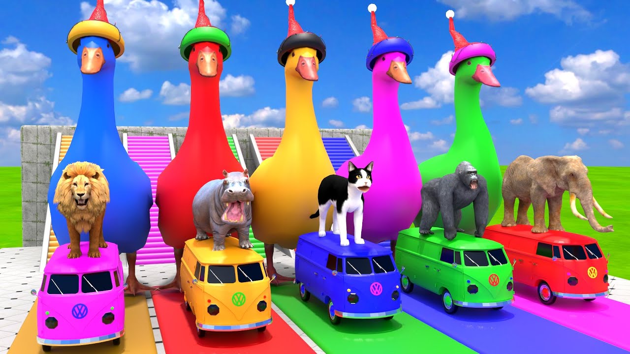 Long Slide Game With Cow Elephant Gorilla Hippopotamus Tiger - 3d Animal Game - Funny 3d Animals