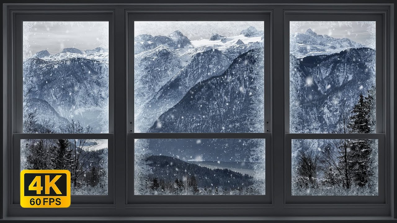 4K Winter landscape with snow window View - Relaxing, Calming, Ambience