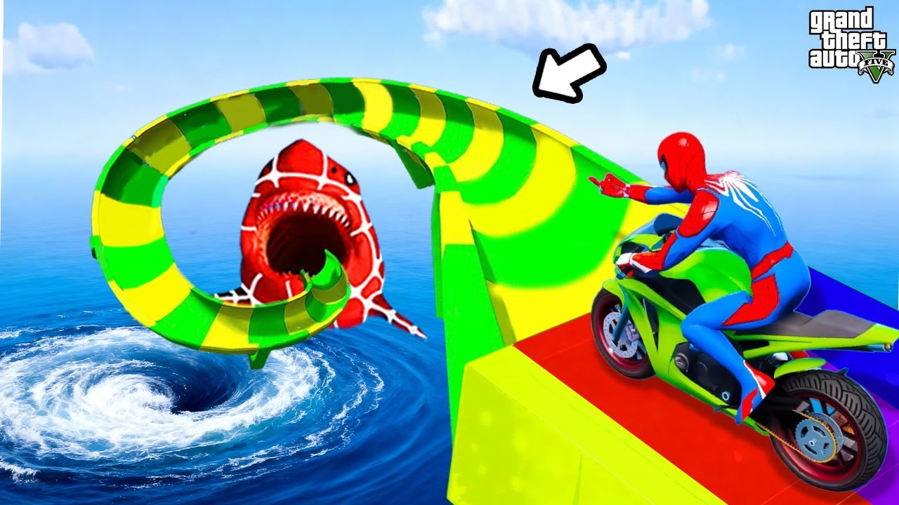 SPIDER-MAN with Superheroes Taking Motorcycles In Crazy Slide Challenge🎭 GTA 5 Funny Game