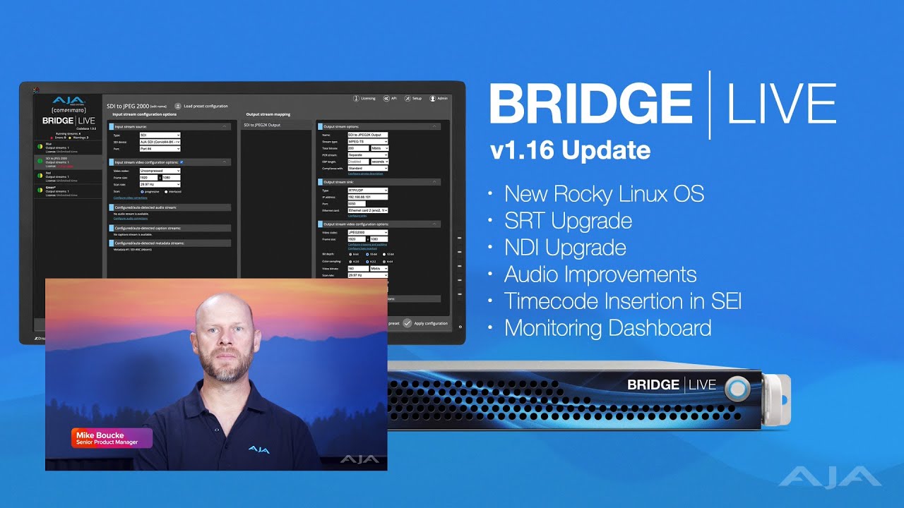 AJA BRIDGE LIVE v1.16 adds exciting new features and capabilities, such as SRT 1.5.3 support.