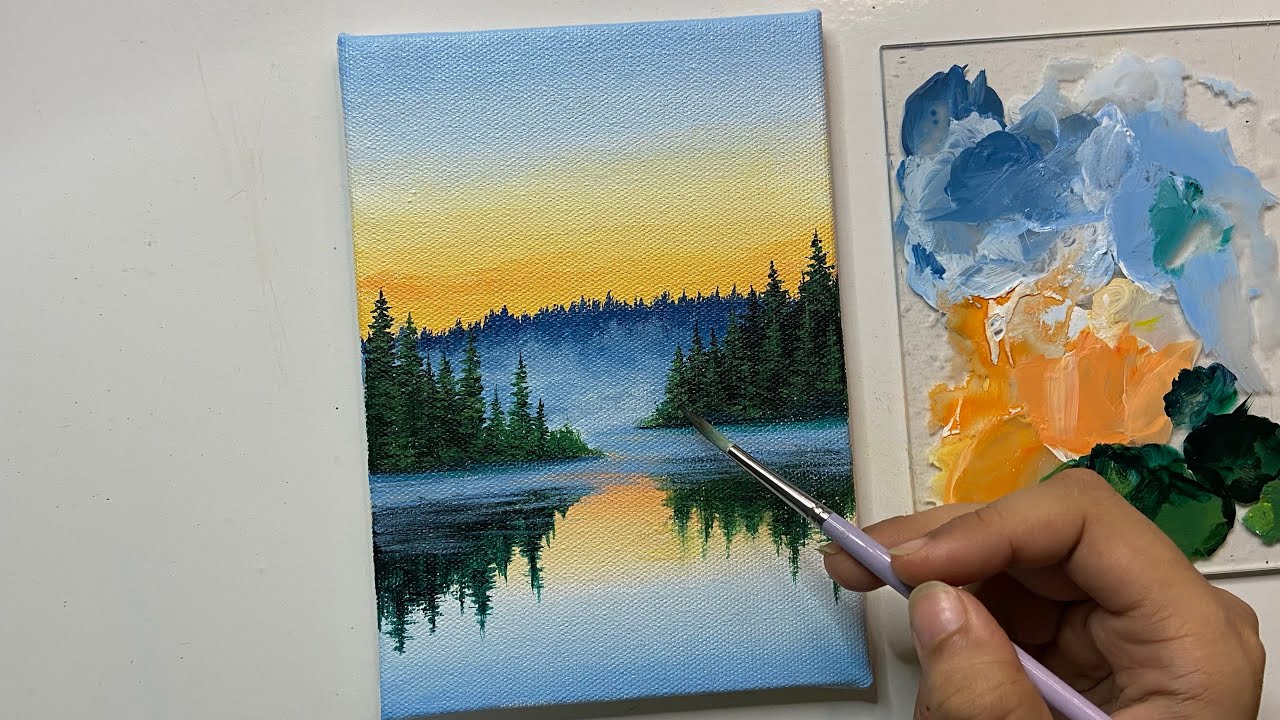 Calm lake painting/ acrylic painting tutorial/ acrylic painting for beginners tutorial