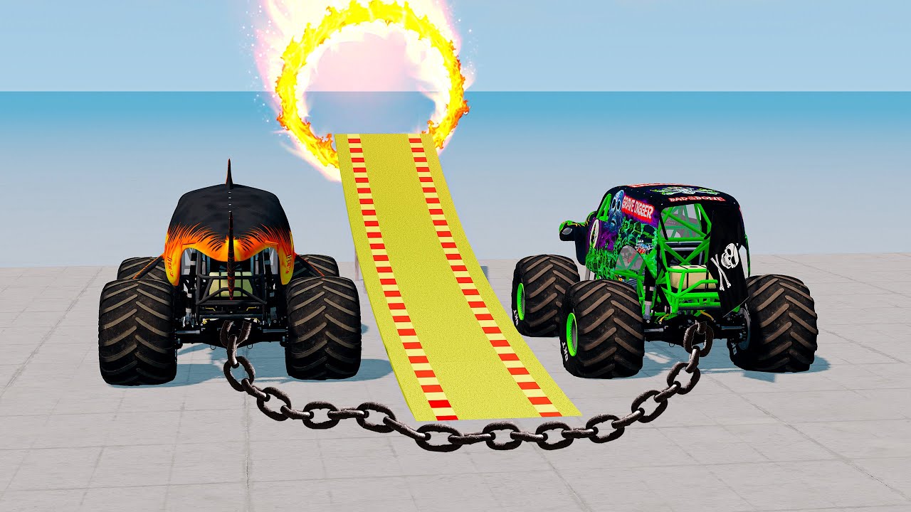 Grave Digger and MONSTER TRUCKS VS Big Ramp and RING of FIRE - Megalodon Insane Racing