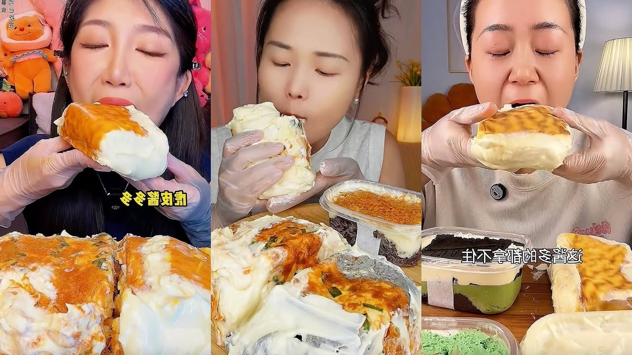 Bursting Fresh Cream Tiger Skin Roll Cake Satisfying Dessert Mukbang Sweet Treats 🍰 Black Sesame