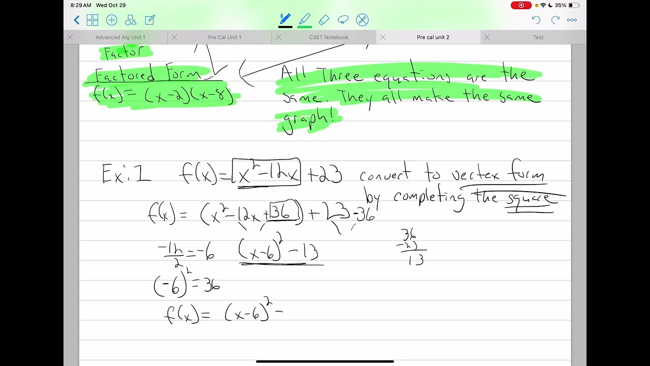 Converting Standard for Quadratics to Vertex Form