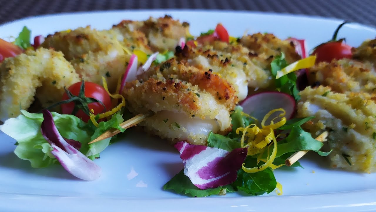 Ricetta spiedini di pesce impanati e grigliati
