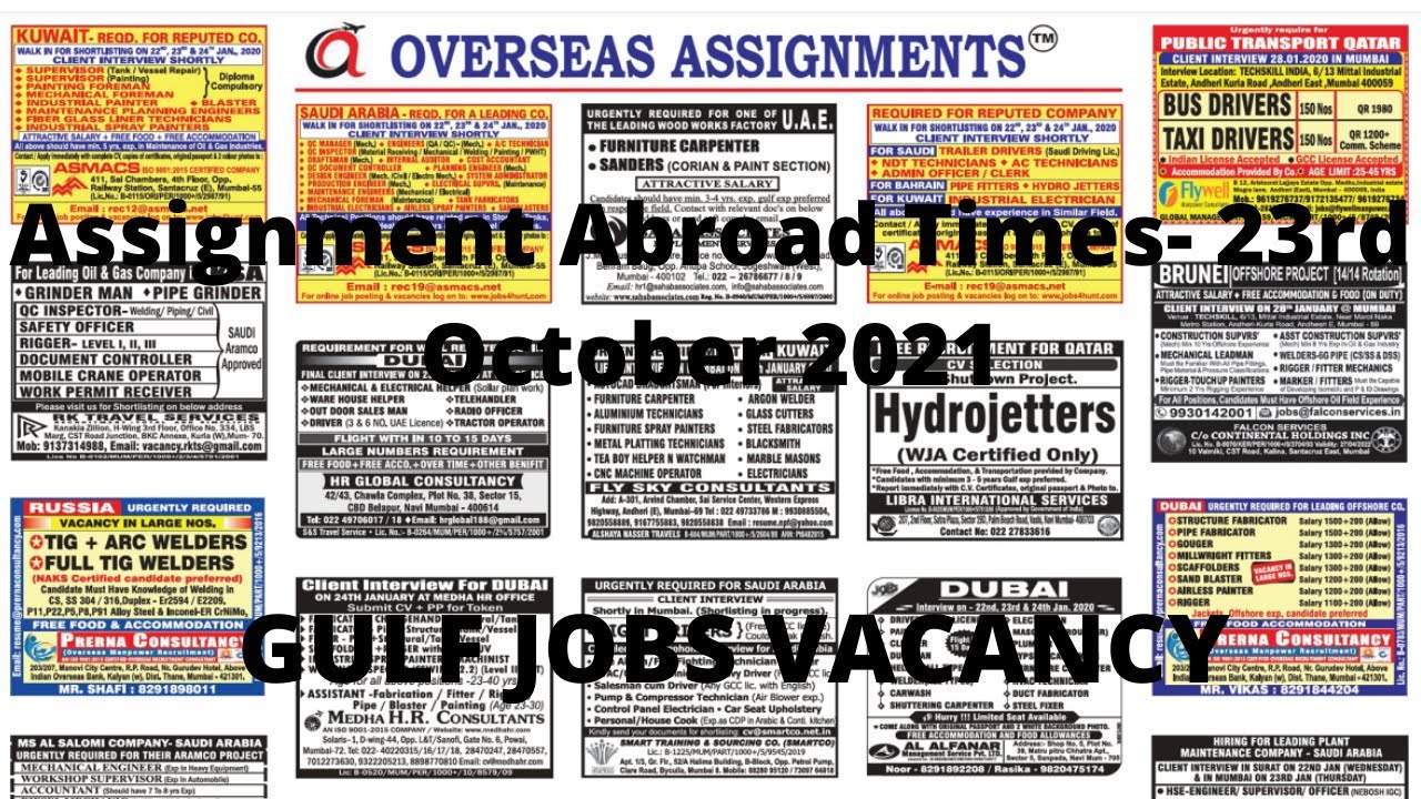 Gulf Jobs Assignment Abroad Times Newspaper Today 23 October 2021